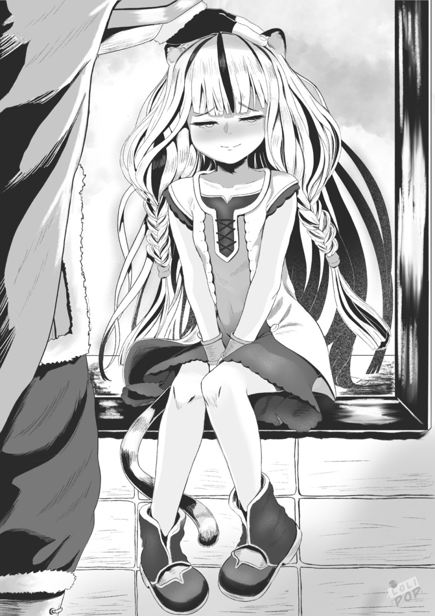 1boy, 1girl, andro_gs, animal_ears, atla_fayon, between_legs, black_hair, blunt_bangs, blush, boots, braid, cape, closed_mouth, dress, fingerless_gloves, fur-trimmed_cape, fur_trim, gloves, greyscale, half-closed_eyes, hand_between_legs, hand_on_another's_head, headpat, highres, iwatani_naofumi, knees_together_feet_apart, long_hair, metal_arm_cuffs, monochrome, multicolored_hair, nose_blush, out_of_frame, sitting, smile, streaked_hair, tail, tate_no_yuusha_no_nariagari, tiger_ears, tiger_girl, tiger_tail, twin_braids, v_arms, white_hair, windowsill