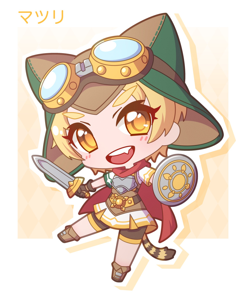 1girl, :d, absurdres, animal_ears, animal_hat, armor, black_shorts, blonde_hair