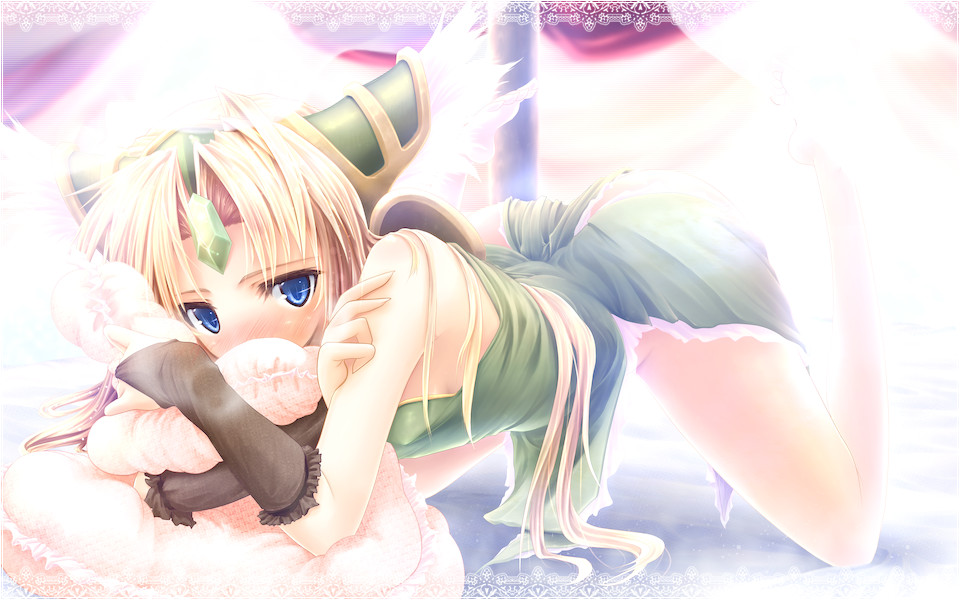 blue_eyes, blush, bridal_gauntlets, forehead_jewel, gizensha, long_hair, pillow, riesz