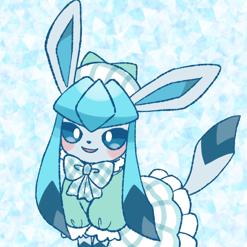absurdres, blue_eyes, blue_hair, blush, blush_stickers, dress, glaceon, glaceon_(checkered), green_dress, green_hat, hat, highres, long_hair, no_humans, pokemon, pokemon_unite, sidelocks, smile, solo, two-tone_dress, watamonya, white_dress, white_hat