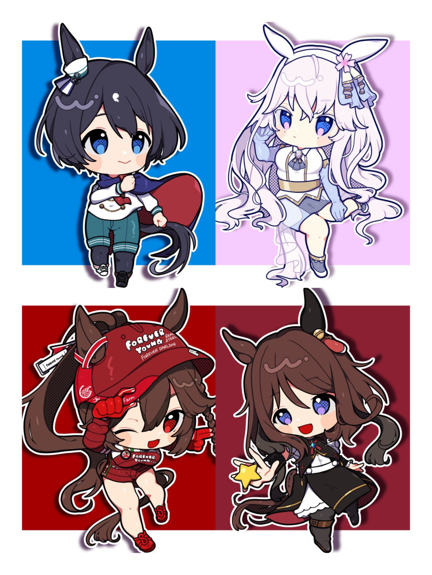 3girls, animal_ears, black_hair, blue_eyes, breasts, brown_hair, character_request, chibi