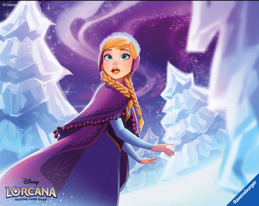 1girl, absurdres, anna_(frozen), blue_dress, braid, cloak, disney_lorcana, dress, english_text, frozen_(disney), highres, ice, logo, long_dress, long_hair, official_art, open_mouth, orange_hair, outdoors, purple_cloak, purple_shawl, shawl, signature, snow, solo, twin_braids, valerio_buonfantino