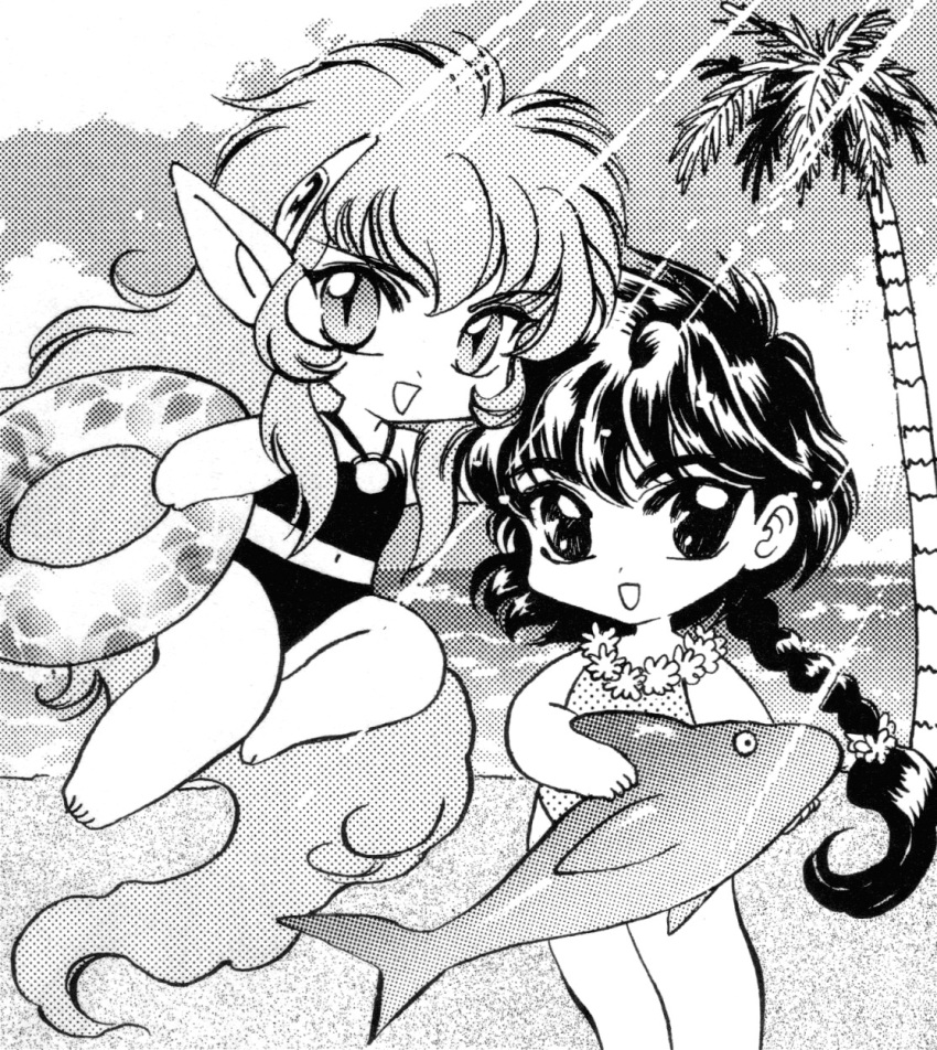 1990s_(style), 2girls, beach, braid, clamp_(circle), flower, flower_necklace, halftone