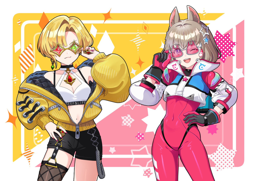 2girls, animal_ears, blonde_hair, brown_hair, charlotte_(shironeko_project), crop_top, festibattle, garter_straps