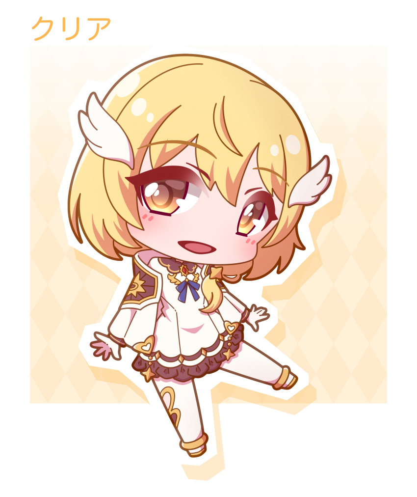 1girl, :d, absurdres, argyle_background, blonde_hair, blue_bow, bow, brown_eyes