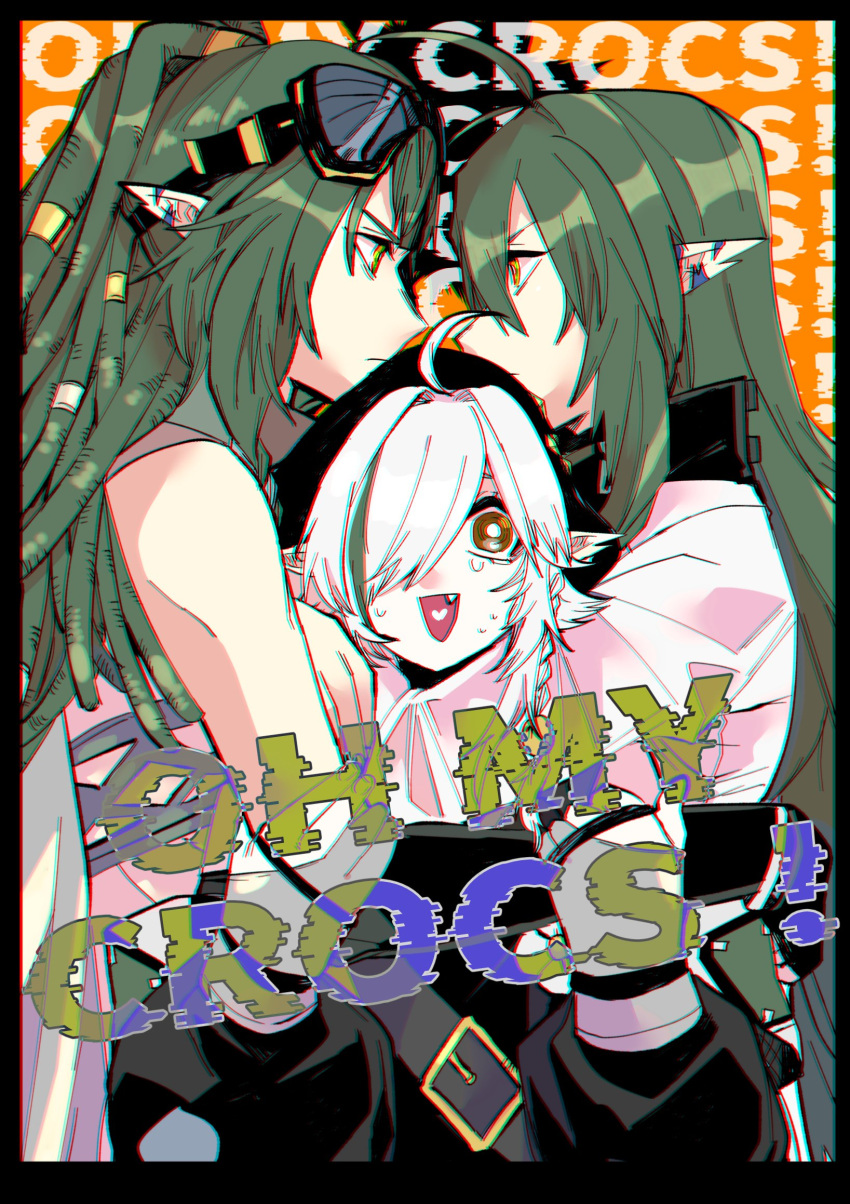 3girls, arknights, arm_around_neck, ban_syou, black_jacket, bright_pupils, brown_eyes, chromatic_aberration