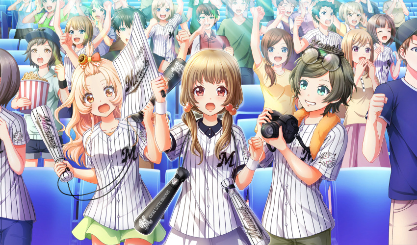 6+girls, aisaka_koko, arm_up, baseball_cap, baseball_uniform, black-framed_eyewear, black_hair, black_shirt