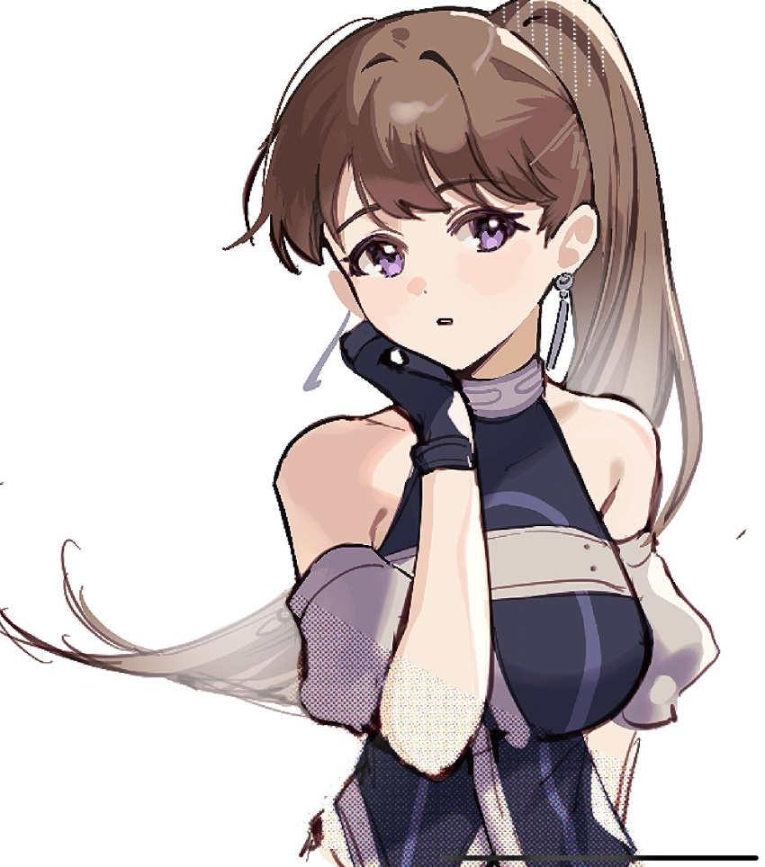 1girl, breasts, brown_hair, deepness_(love_live!), detached_sleeves, dkou, fujishima_megumi, hand_on_own_cheek, hand_on_own_face, highres, large_breasts, link!_like!_love_live!, long_hair, looking_at_viewer, love_live!, official_alternate_costume, official_alternate_hairstyle, parted_lips, ponytail, puffy_short_sleeves, puffy_sleeves, shirt, short_sleeves, simple_background, sleeveless, sleeveless_shirt, solo, unfinished, upper_body, violet_eyes, virtual_youtuber, white_background, white_sleeves