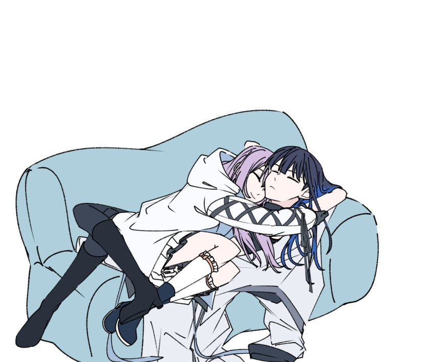 2girls, a_jak, atsuko_(blue_archive), bare_arms, black_footwear, black_gloves, black_hair, black_pants