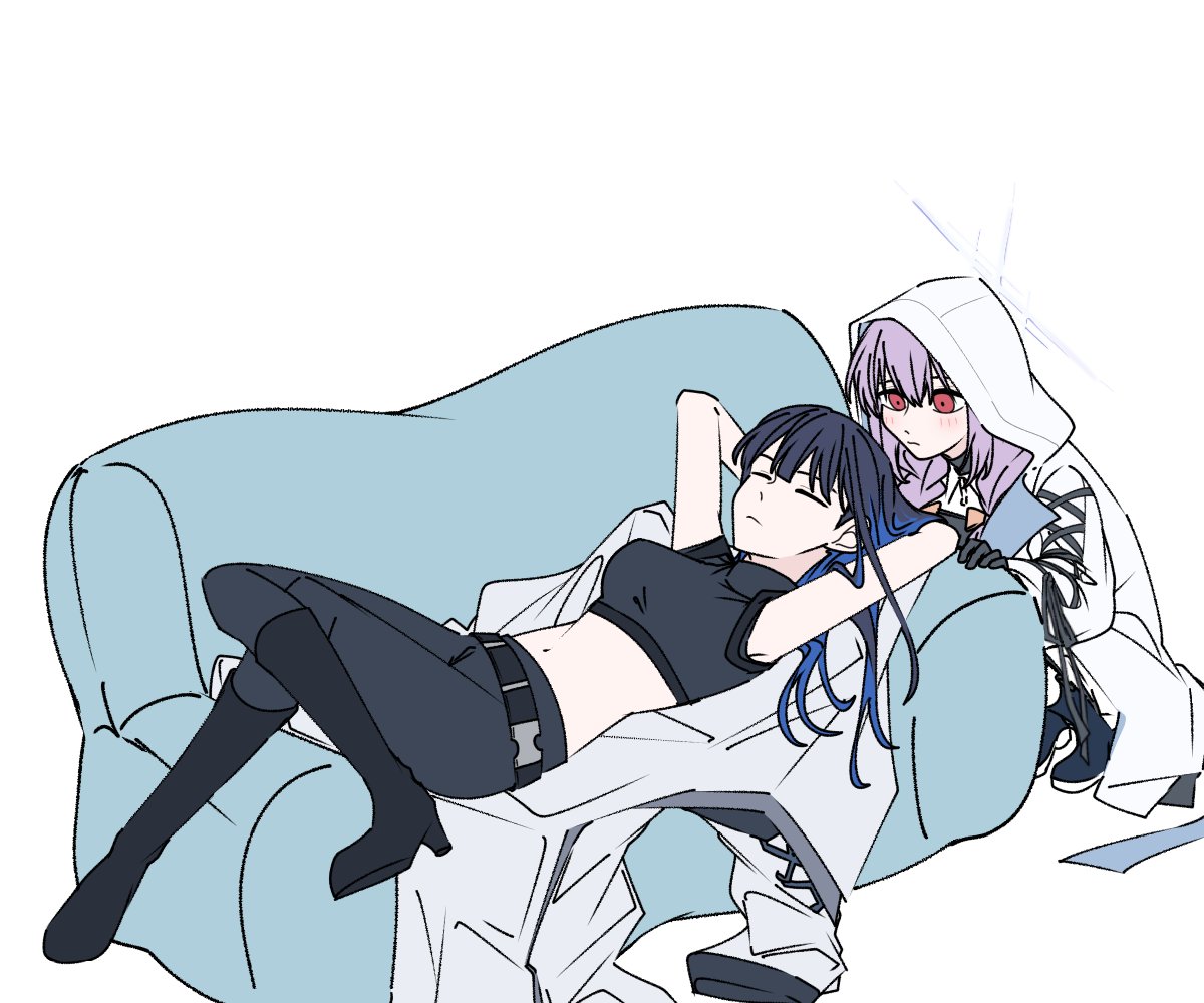 2girls, a_jak, atsuko_(blue_archive), bare_arms, black_footwear, black_gloves, black_hair, black_pants, black_shirt, blue_archive, blue_hair, blush, boots, closed_eyes, closed_mouth, coat, colored_inner_hair, commentary_request, couch, gloves, high_heel_boots, high_heels, knee_boots, korean_commentary, looking_at_another, lying, multicolored_hair, multiple_girls, on_back, on_couch, pants, purple_hair, red_eyes, saori_(blue_archive), shirt, simple_background, sleeping, sleeveless, unworn_coat, white_background, white_coat