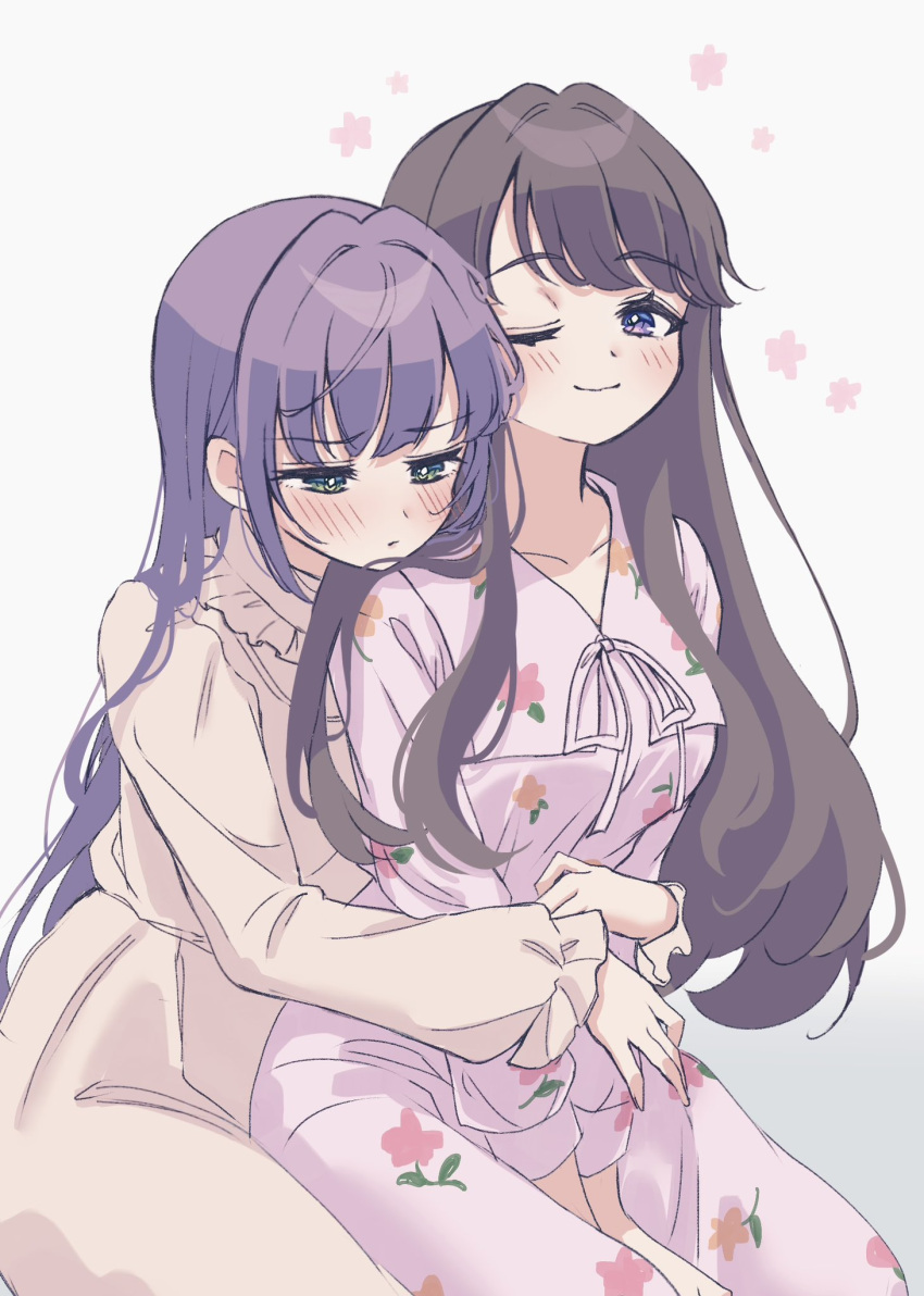 2girls, ;), blush, breasts, brown_dress, brown_hair, closed_mouth, collared_dress, commentary_request, cowboy_shot, dress, embarrassed, floral_print, flower_(symbol), frilled_shirt_collar, frilled_sleeves, frills, fujishima_megumi, green_eyes, hair_down, half-closed_eyes, highres, hiyori_(20hiyori727), hug, hug_from_behind, large_breasts, link!_like!_love_live!, long_hair, long_sleeves, looking_at_another, loungewear, love_live!, multiple_girls, official_alternate_costume, official_alternate_hairstyle, one_eye_closed, otomune_kozue, pink_dress, print_dress, puffy_long_sleeves, puffy_sleeves, purple_hair, sidelocks, simple_background, sitting, smile, smug, violet_eyes, white_background, yuri