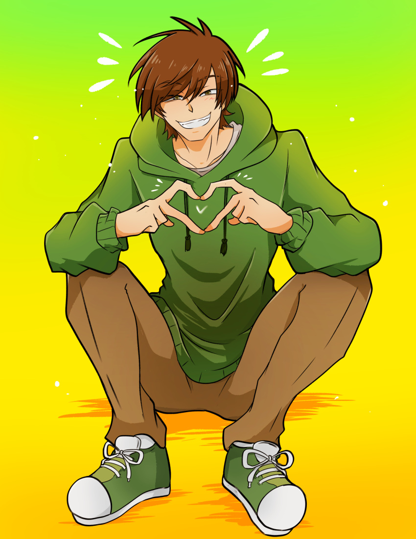 1boy, animification, arms_on_knees, bishounen, blush, brown_eyes, brown_hair, brown_pants