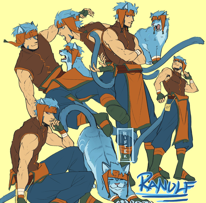 1boy, animal_ears, artist_name, blue_eyes, blue_hair, cat_boy, cat_ears, cat_stretch, character_name, commentary, crossed_arms, english_commentary, fangs, fingerless_gloves, fire_emblem, fire_emblem:_path_of_radiance, fire_emblem:_radiant_dawn, gloves, heterochromia, highres, laguz_(fire_emblem), male_focus, multiple_views, open_mouth, ranulf_(fire_emblem), riftek, short_hair, simple_background, sketch, sleeveless, stretching, tail, violet_eyes