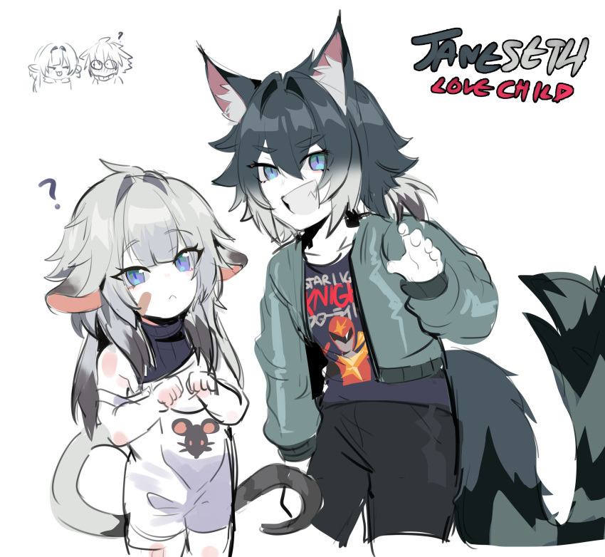 2boys, 2girls, :c, :p, ?, absurdres, animal_ears, bandaid, bandaid_on_cheek, bandaid_on_face, black_hair, blue_eyes, brother_and_sister, brown_hair, cat_boy, cat_ears, cat_tail, child, clenched_teeth, closed_mouth, cowboy_shot, english_commentary, english_text, family, fang, father_and_daughter, father_and_son, green_hair, grey_hair, grin, hair_between_eyes, hair_intakes, hand_up, hands_up, highres, if_they_mated, jacket, jane_doe_(zenless_zone_zero), kurenaiz_(kuayrenaiz), long_hair, looking_at_another, looking_at_viewer, low_ponytail, mother_and_daughter, mother_and_son, mouse_ears, mouse_girl, mouse_tail, multicolored_hair, multiple_boys, multiple_girls, multiple_others, open_clothes, open_jacket, original, overalls, seth_lowell, shirt, shorts, siblings, simple_background, sketch, sleeveless, sleeveless_sweater, smile, standing, sweater, tail, teeth, tongue, tongue_out, two-tone_hair, v-shaped_eyebrows, white_background, white_hair, zenless_zone_zero