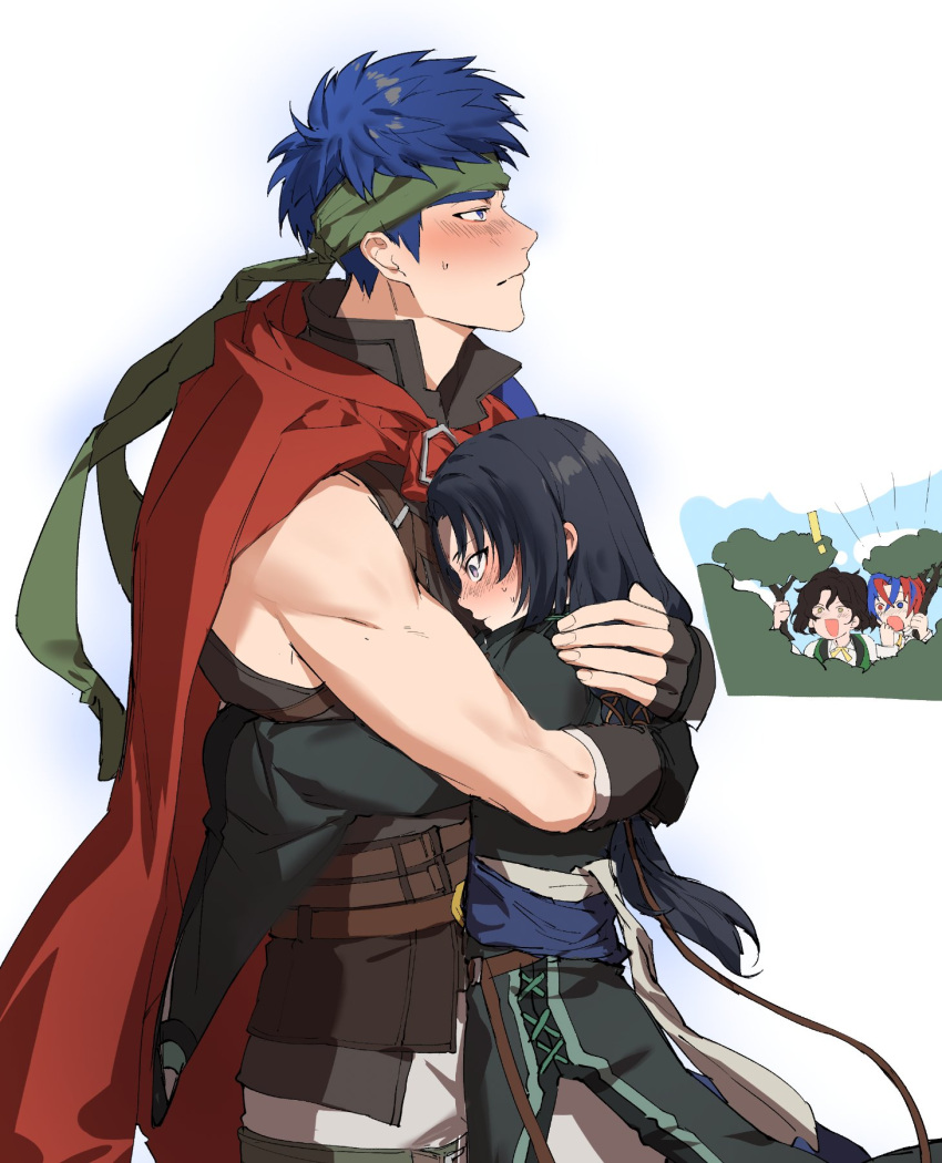 !, 4boys, :o, alear_(fire_emblem), alear_(male)_(fire_emblem), black_hair, blue_eyes, blue_hair, blush, brown_hair, bush, cape, fire_emblem, fire_emblem:_radiant_dawn, fire_emblem_engage, green_headband, headband, height_difference, heterochromia, highres, hug, ike_(emblem)_(fire_emblem), ike_(fire_emblem), long_hair, louis_(fire_emblem), male_focus, multicolored_hair, multiple_boys, peeking, red_cape, red_eyes, redhead, short_hair, soren_(emblem)_(fire_emblem), soren_(fire_emblem), split-color_hair, tzar_game, white_background