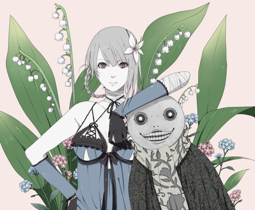 artist_request, bandage, braid, elbow_gloves, emil_(nier), emil_(no.7), flower, gloves, hair_flower, hair_ornament, kaine_(nier), lingerie, negligee, nier, no._7_(nier), plant, scarf, short_hair, silver_hair, smile, underwear, xino