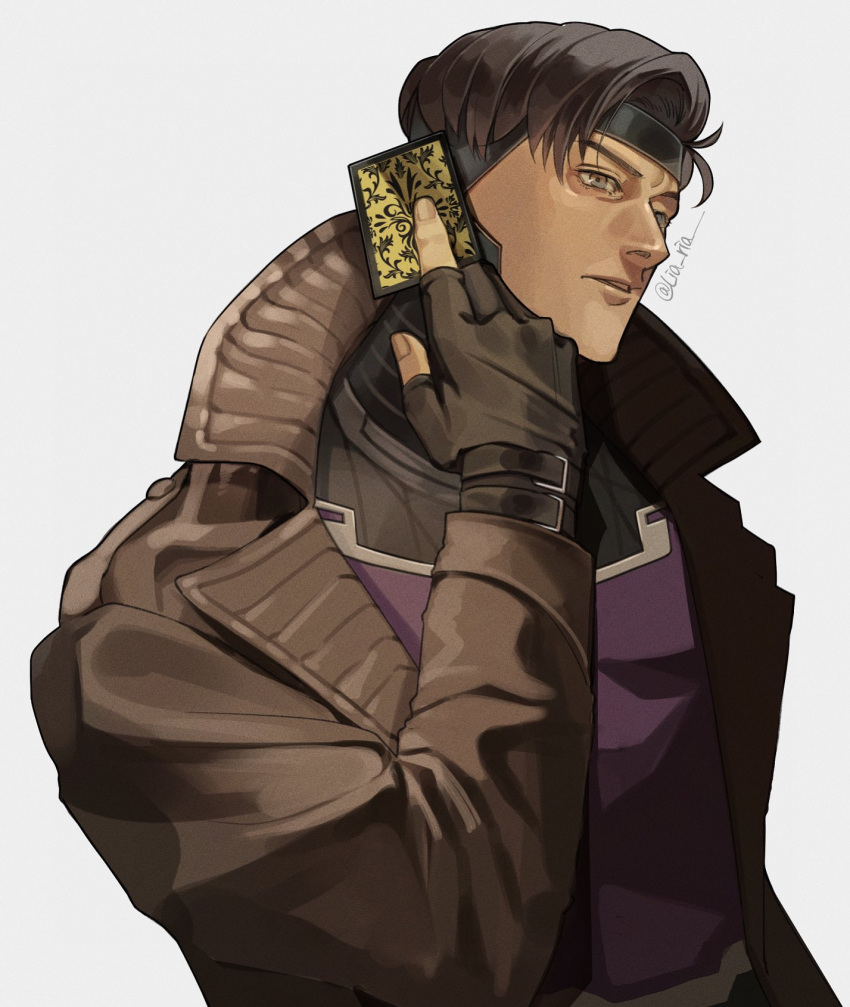 1boy, black_gloves, brown_hair, card, coat, deadpool_&amp;_wolverine, deadpool_(series), fingerless_gloves, gambit, gloves, highres, holding, holding_card, lia_ria, long_sleeves, male_focus, marvel, marvel_cinematic_universe, parted_lips, solo, superhero_costume, trench_coat, twitter_username, x-men