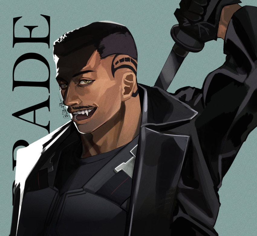 1boy, black_gloves, black_hair, black_jacket, blade_(marvel), blade_(series), character_name, commentary_request