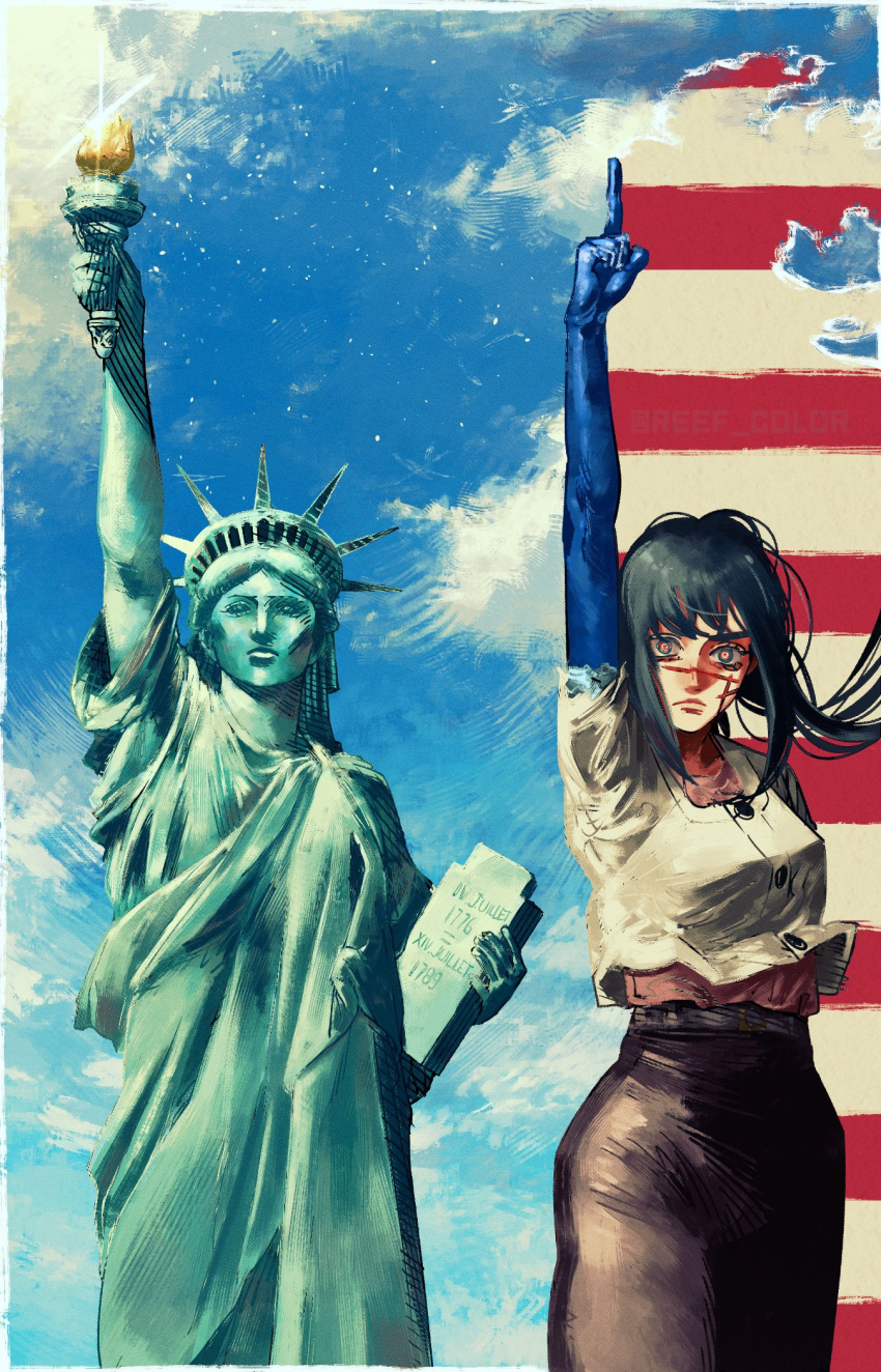 1girl, american_flag, black_hair, black_skirt, blue_gloves, buttons, chainsaw_man, comic_panel_redraw