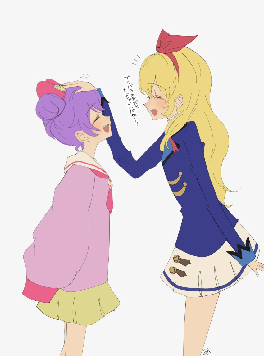 2girls, ahoge, aikatsu!, aikatsu!_(series), blonde_hair, blue_jacket, blush, border