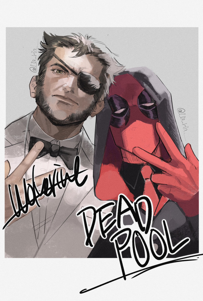 2boys, beard, bow, bowtie, character_name, closed_mouth, deadpool, deadpool_&amp;_wolverine