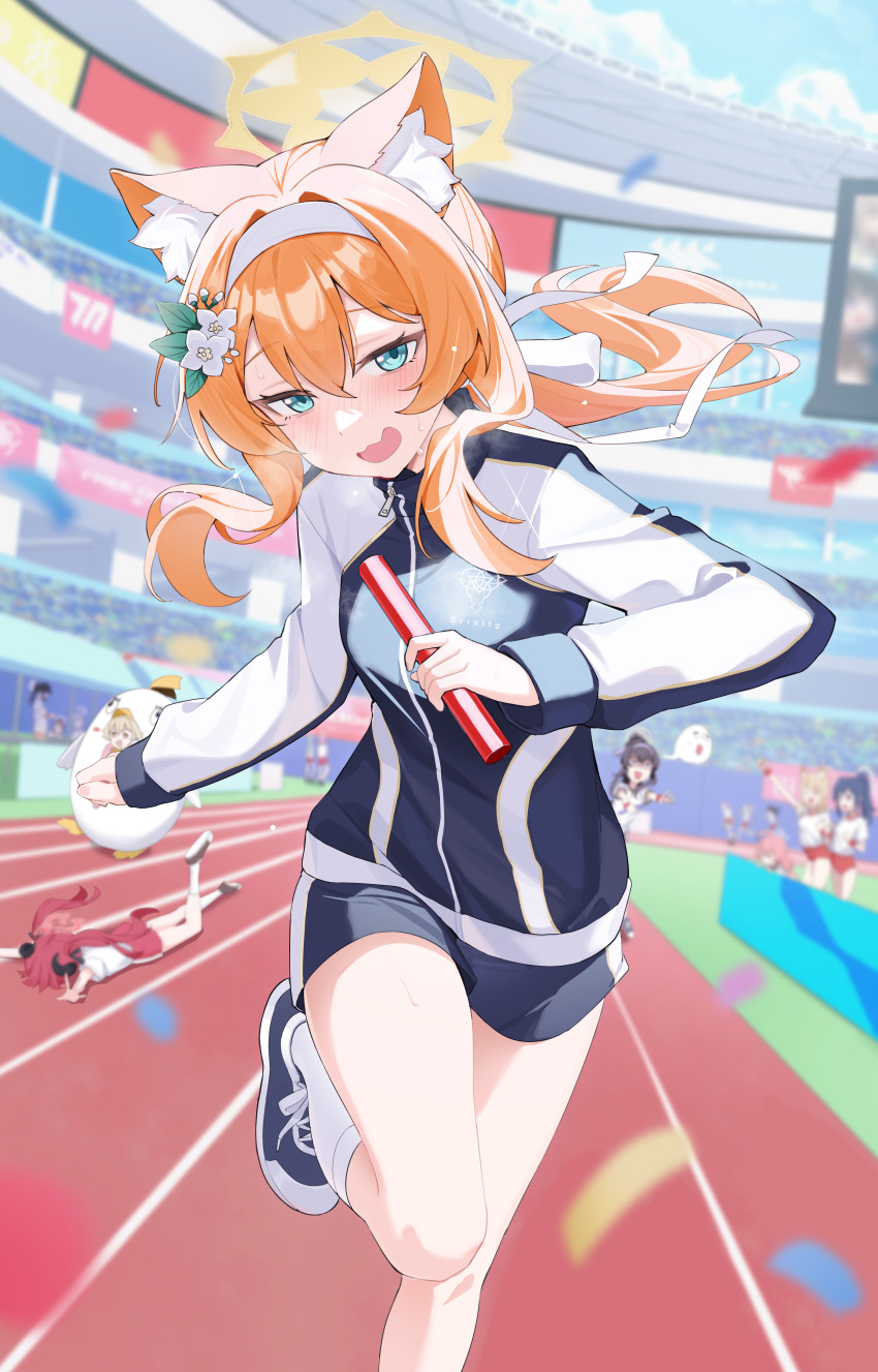 6+girls, absurdres, animal_ear_fluff, animal_ears, black_jacket, blue_archive, blue_shorts, blush