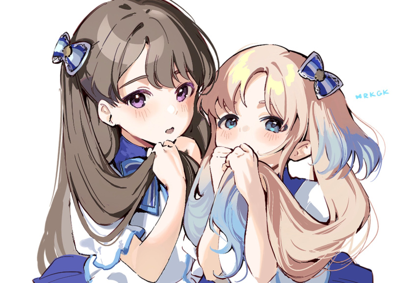 2girls, 365_days_(love_live!), blonde_hair, blue_bow, blue_eyes, blue_hair, blue_skirt, blush, bow, brown_hair, covering_own_mouth, dkou, frilled_sleeves, frills, fujishima_megumi, gradient_hair, hair_bow, highres, holding, holding_own_hair, light_blue_hair, link!_like!_love_live!, long_hair, looking_at_viewer, love_live!, multicolored_hair, multiple_girls, open_mouth, osawa_rurino, parted_bangs, pleated_skirt, puffy_short_sleeves, puffy_sleeves, shirt, short_sleeves, simple_background, skirt, striped_bow, twintails, two_side_up, upper_body, violet_eyes, virtual_youtuber, white_background, white_bow, white_shirt