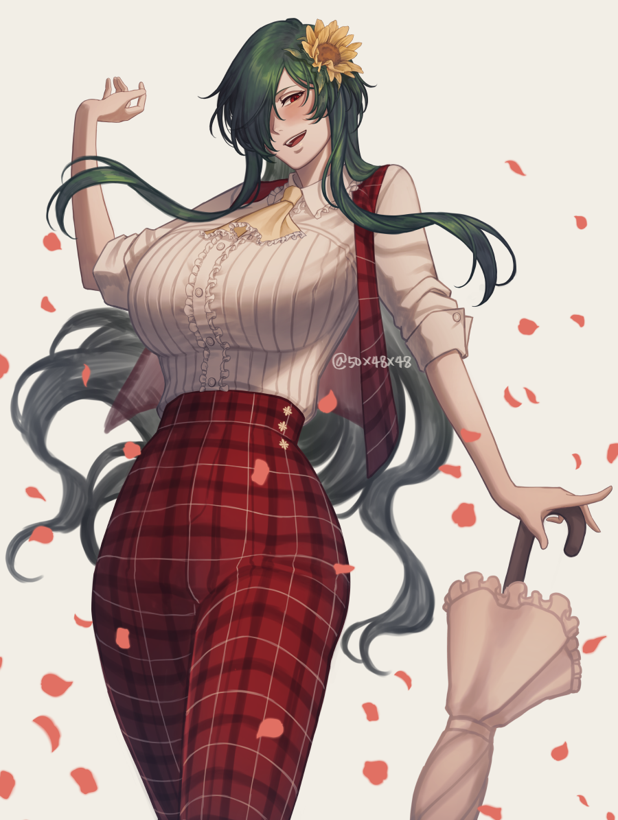 1girl, 50x48x48, ascot, breasts, closed_umbrella, commentary, cowboy_shot, flower, frilled_ascot, frilled_shirt_collar, frills, green_hair, hair_flower, hair_ornament, hair_over_one_eye, hand_up, holding, holding_umbrella, kazami_yuuka, kazami_yuuka_(pc-98), large_breasts, long_hair, looking_at_viewer, open_mouth, pants, parasol, petals, plaid_clothes, plaid_pants, plaid_vest, red_eyes, short_sleeves, simple_background, smile, solo, sunflower, sunflower_hair_ornament, touhou, twitter_username, umbrella, vest