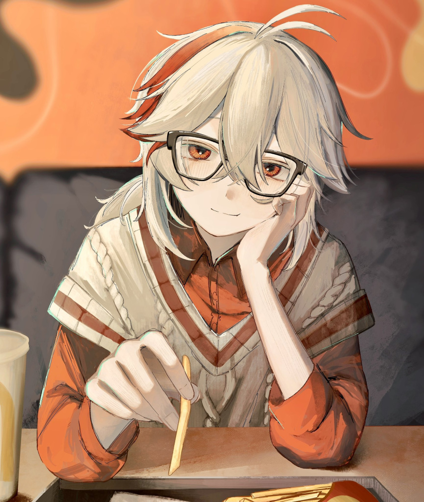 1boy, bespectacled, blurry, blurry_background, blush, closed_mouth, commentary_request, crossed_bangs, cup, disposable_cup, elbow_rest, food, french_fries, genshin_impact, glasses, hair_between_eyes, highres, holding, holding_food, kaedehara_kazuha, kaedehara_kazuha_(mcdonalds), long_sleeves, looking_at_viewer, male_focus, mcdonald's, mogugu_x, multicolored_hair, ponytail, red_eyes, red_shirt, redhead, shirt, solo, sweater_vest, table, tray, upper_body, white_hair