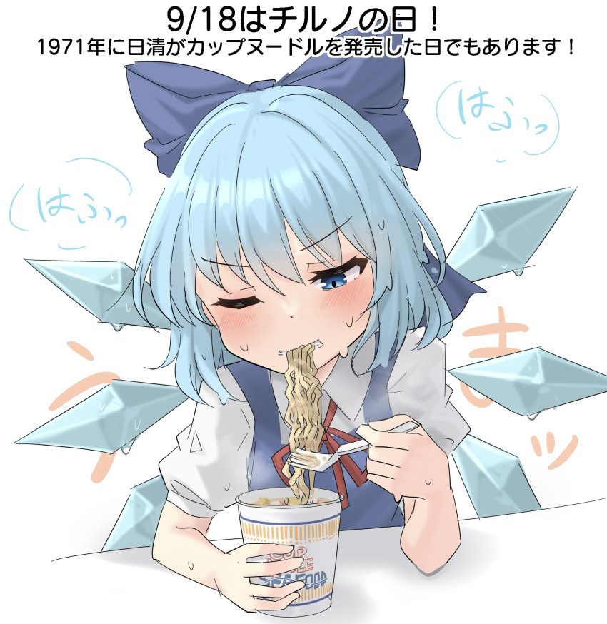 1girl, blue_bow, blue_dress, blue_eyes, blue_hair, blush, bow, cirno