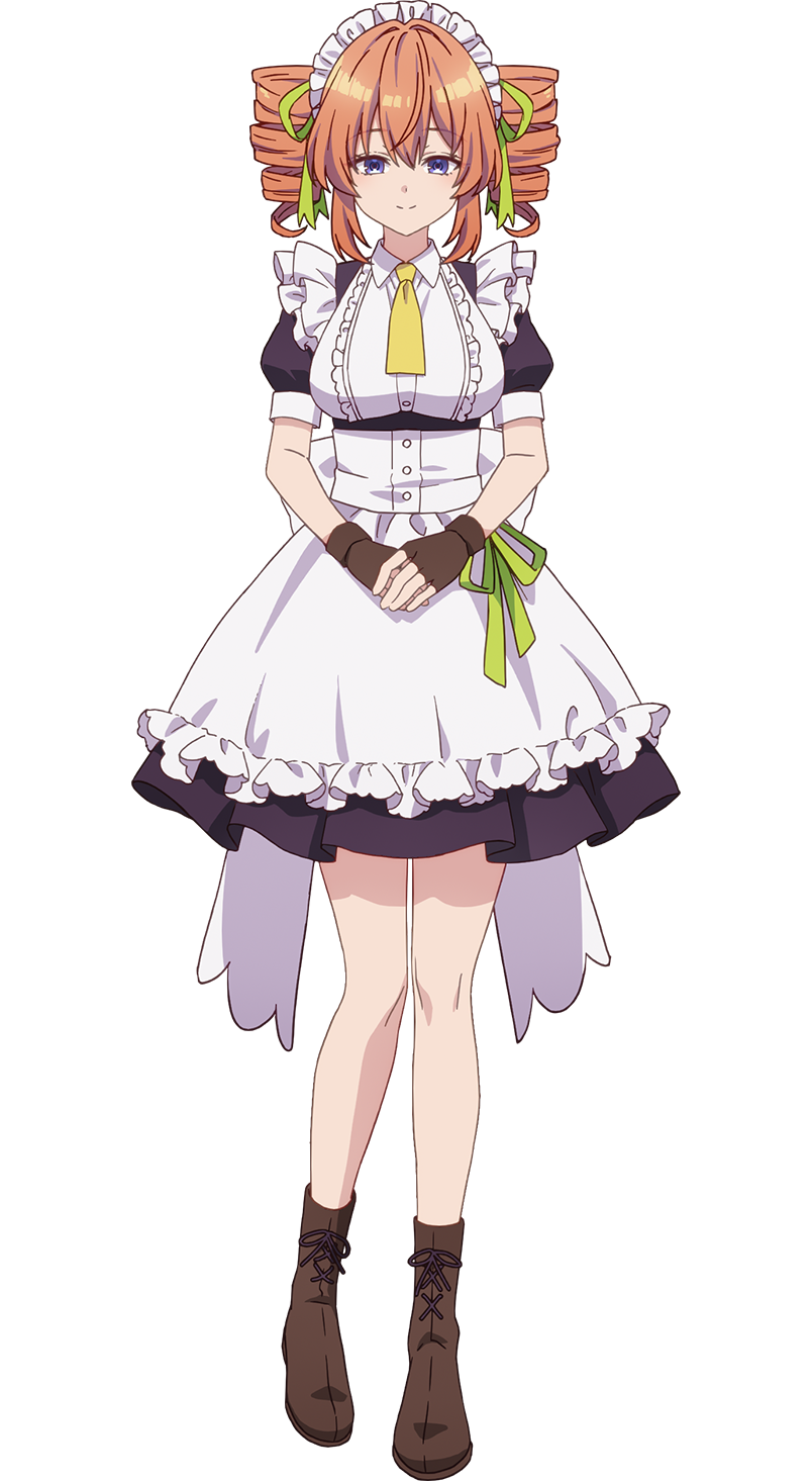 1girl, apron, back_bow, black_dress, boots, bow, brown_footwear, brown_gloves, closed_mouth, collared_shirt, dress, fingerless_gloves, full_body, gertrude_rainsworth, gloves, green_ribbon, hair_between_eyes, hair_ribbon, highres, hikikomari_kyuuketsuki_no_monmon, looking_at_viewer, maid, maid_apron, maid_headdress, official_art, orange_hair, ribbon, shirt, short_sleeves, simple_background, smile, solo, standing, transparent_background, violet_eyes, white_bow, white_shirt
