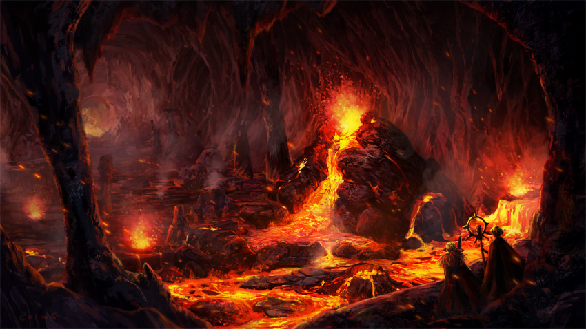 2boys, artist_request, brown_cape, cape, cave, cave_interior, fur_collar, genetic_(ragnarok_online)