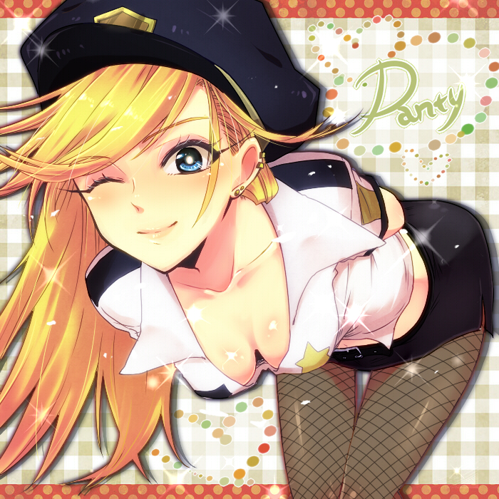 arms_behind_back, bad_id, bent_over, blonde_hair, blue_eyes, blush, breasts, cleavage, down_blouse, fishnet_pantyhose, fishnets, leaning_forward, long_hair, panty_&amp;_stocking_with_garterbelt, panty_(character), panty_(psg), pantyhose, police, police_uniform, rioka, skirt, smile, solo, uniform, wink