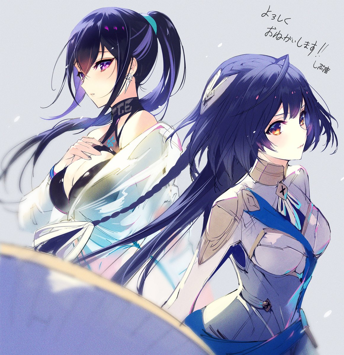 2girls, artist_name, blue_hair, blurry, braid, closed_mouth, crossed_bangs, daphne_(dare_ga_tame_no_alchemist), dare_ga_tame_no_alchemist, forcas, grey_background, hair_between_eyes, hand_on_own_chest, highres, long_hair, looking_at_viewer, multiple_girls, official_art, orange_eyes, parted_lips, phantom_of_the_kill, ponytail, purple_hair, shibuhiko, shield, sidelocks, simple_background, standing, upper_body, violet_eyes