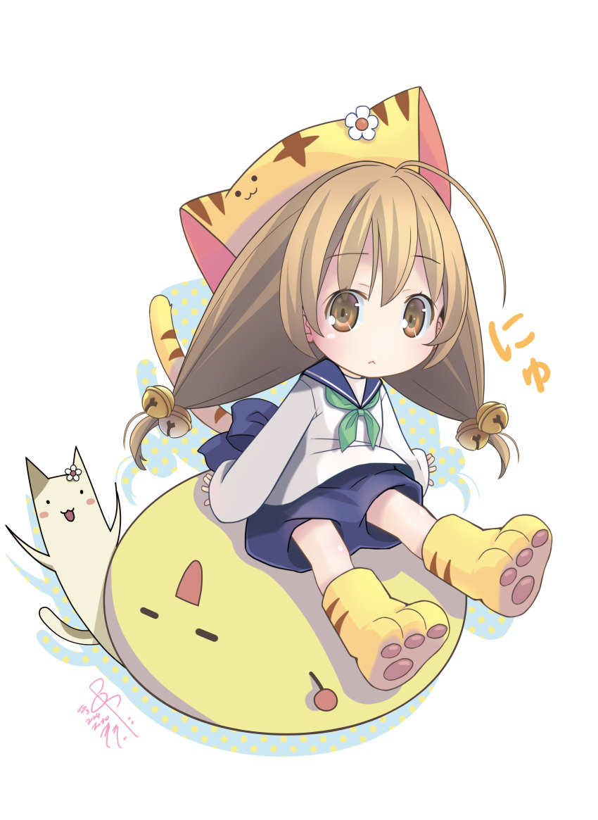 1girl, :<, absurdres, ahoge, animal_ears, animal_hat, arms_at_sides, back_bow