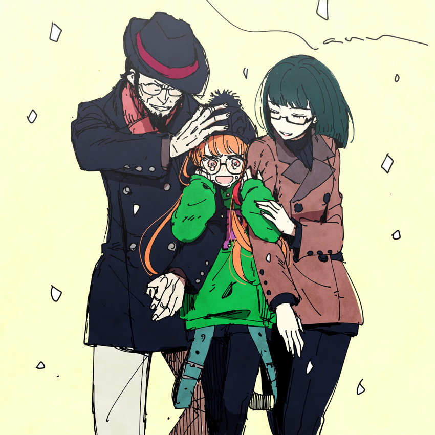 1boy, 2girls, beanie, black_coat, black_hair, black_hat, black_pants, blush