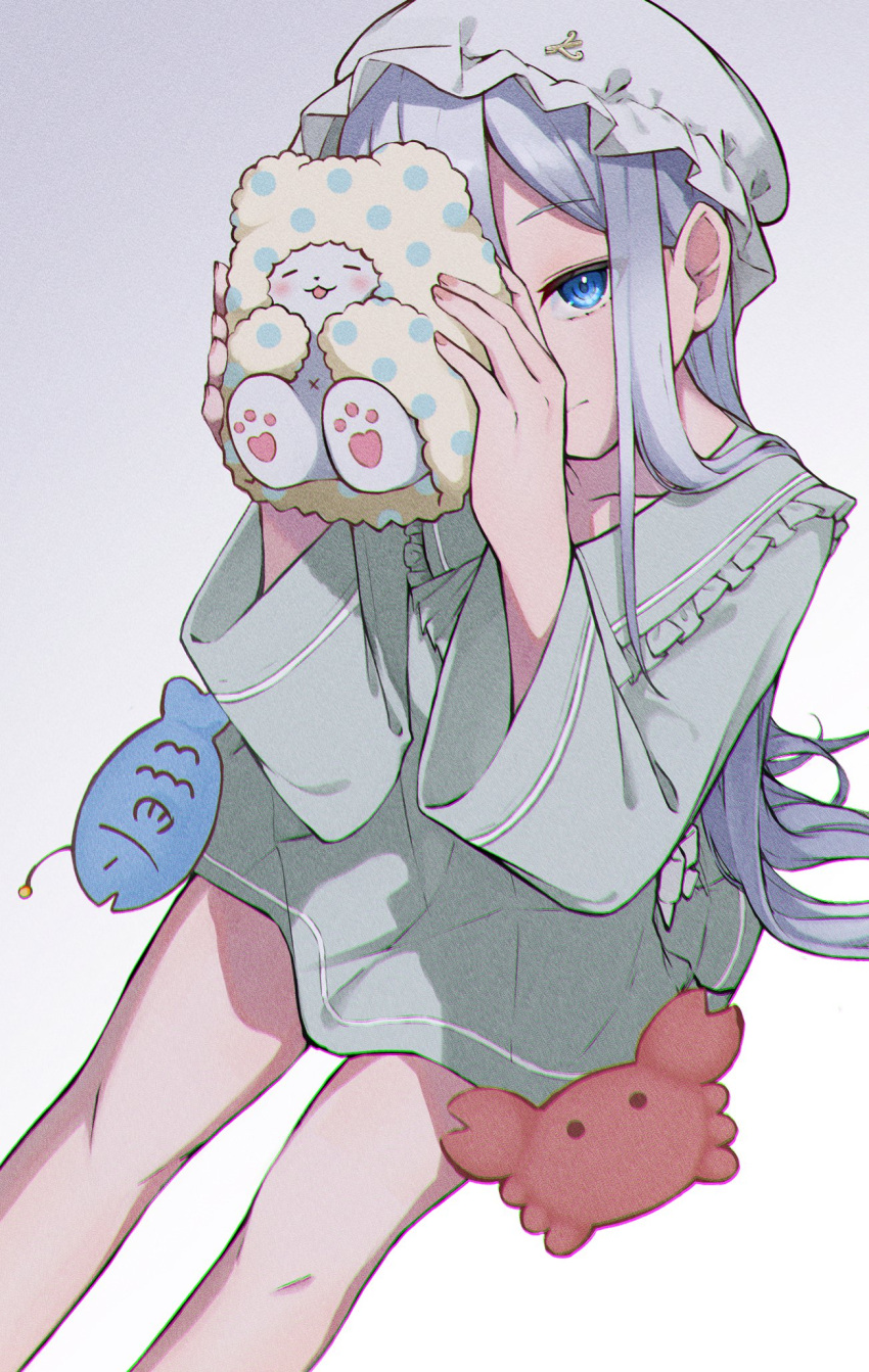 1girl, animal, animal_hood, blue_eyes, coelacanth_(ken1984), commentary, dress, feet_out_of_frame