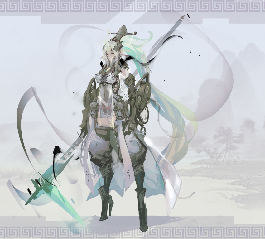 1girl, boots, breasts, closed_eyes, elf, full_body, gauntlets, green_hair