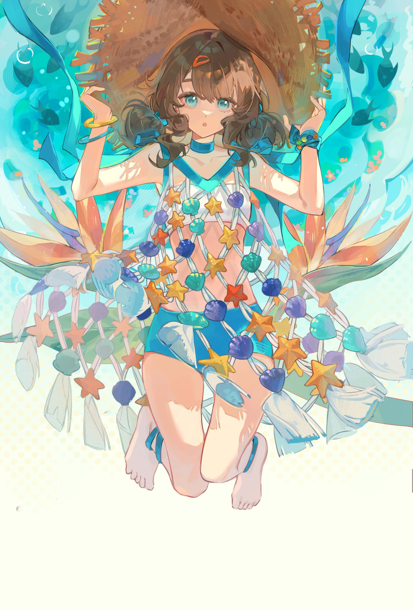 1girl, :o, absurdres, anklet, bare_arms, bare_shoulders, barefoot, bird_of_paradise_flower