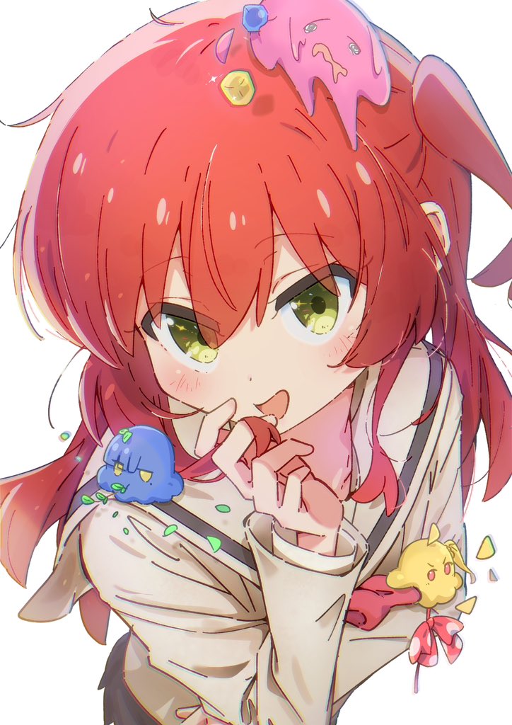 1girl, blush, bocchi_the_rock!, collarbone, commentary, gotoh_hitori, green_eyes, hair_between_eyes, hair_ornament, ijichi_nijika, kessoku_band, kita_ikuyo, leaf, long_hair, long_sleeves, looking_at_viewer, one_side_up, open_mouth, playing_with_own_hair, redhead, sailor_collar, school_uniform, shinshin_(ssnsn_oekaki), shirt, simple_background, smile, solo_focus, white_background, yamada_ryo