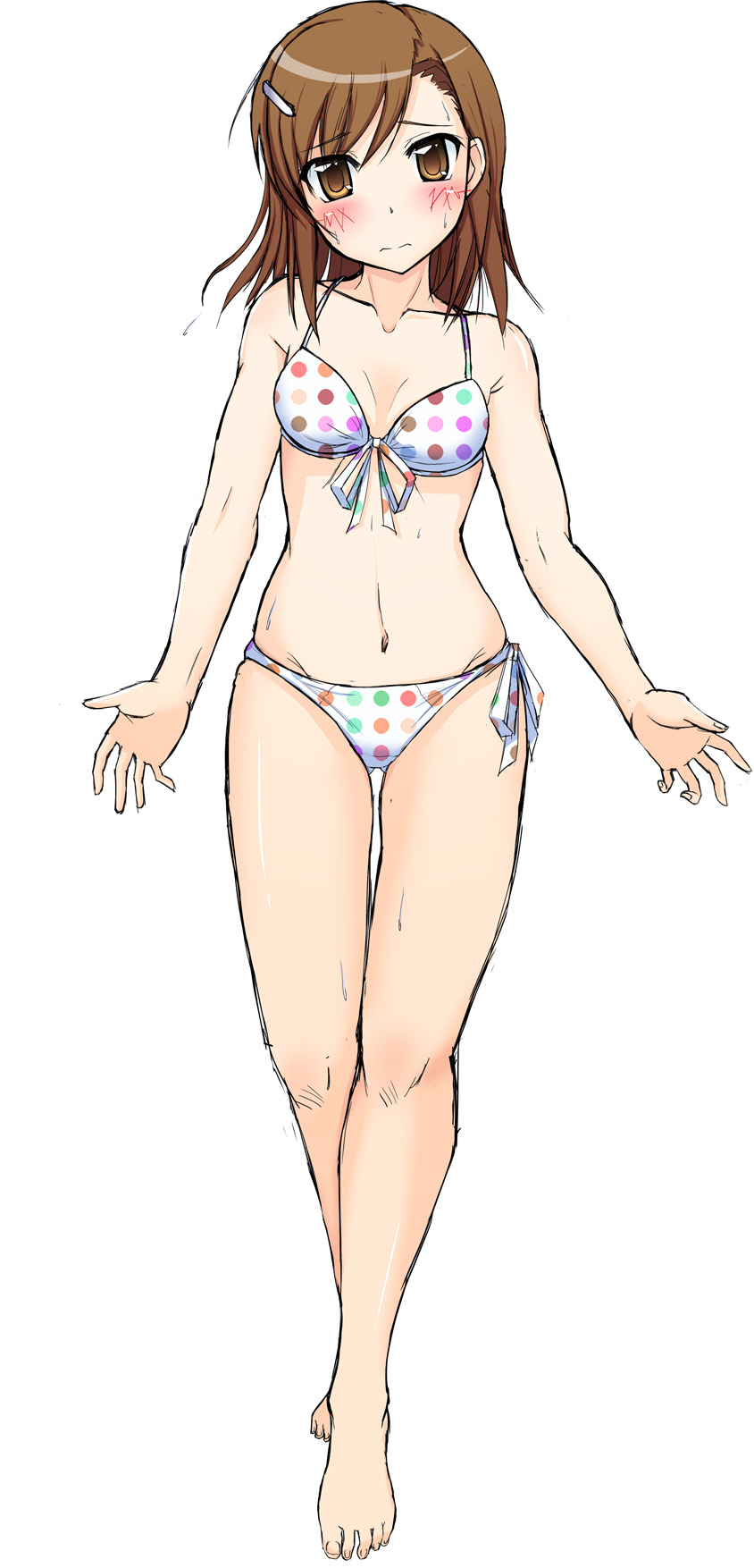 bare_shoulders, barefoot, bikini, blush, brown_eyes, brown_hair, cla_(torinabe), collarbone