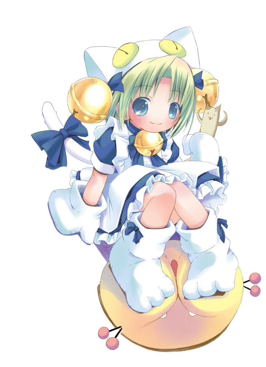 1girl, absurdres, animal, animal_ears, animal_hat, apron, arm_support, bell
