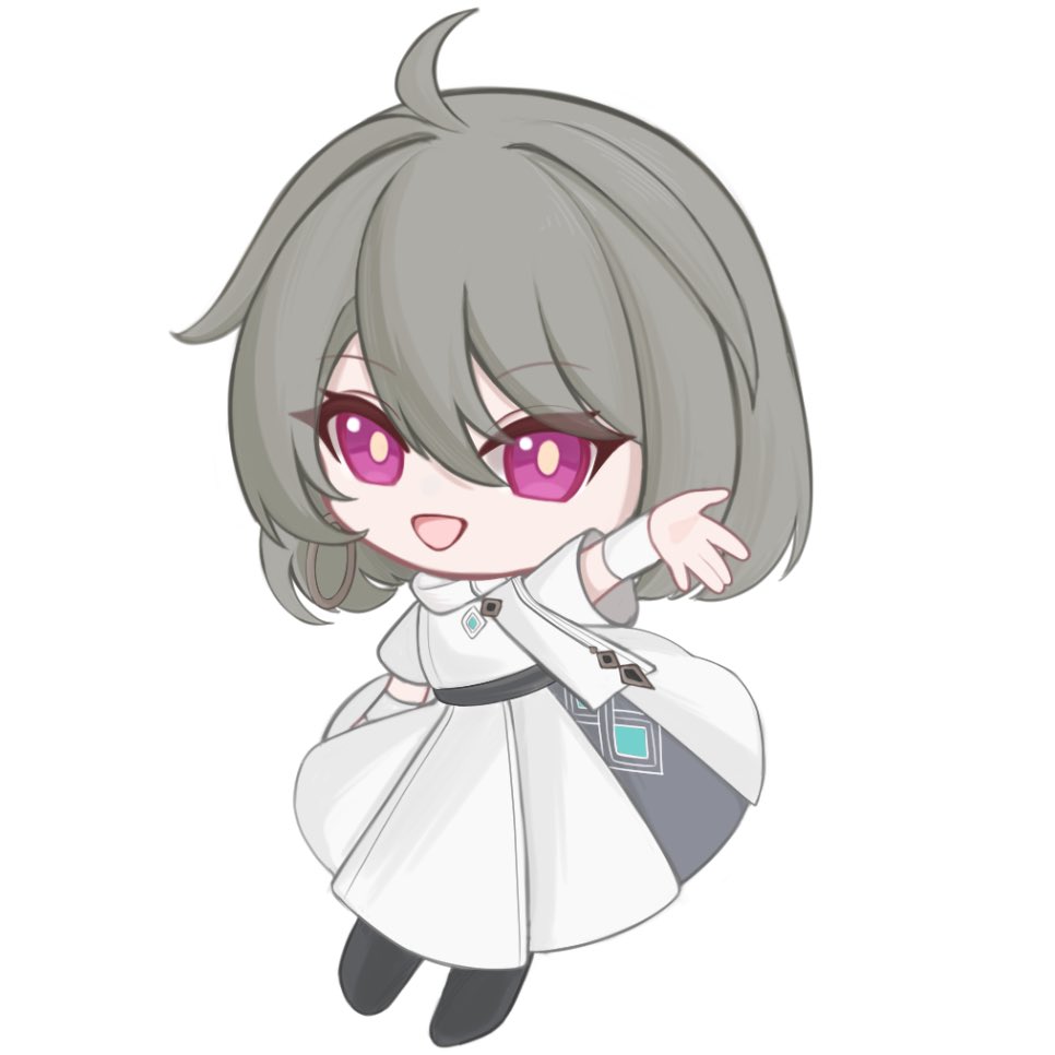 :d, ahoge, chibi, dress, earrings, full_body, grey_hair, honkai_(series)