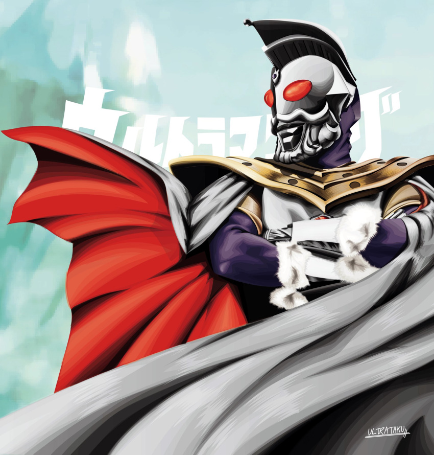 1boy, abstract_background, alien, armor, arms_up, artist_name, beard, blurry