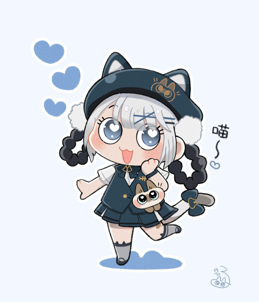 :d, animal_ear_headwear, azukisan, bambinata_(punishing:_gray_raven), black_footwear, blue_bow, blue_bowtie, blue_eyes