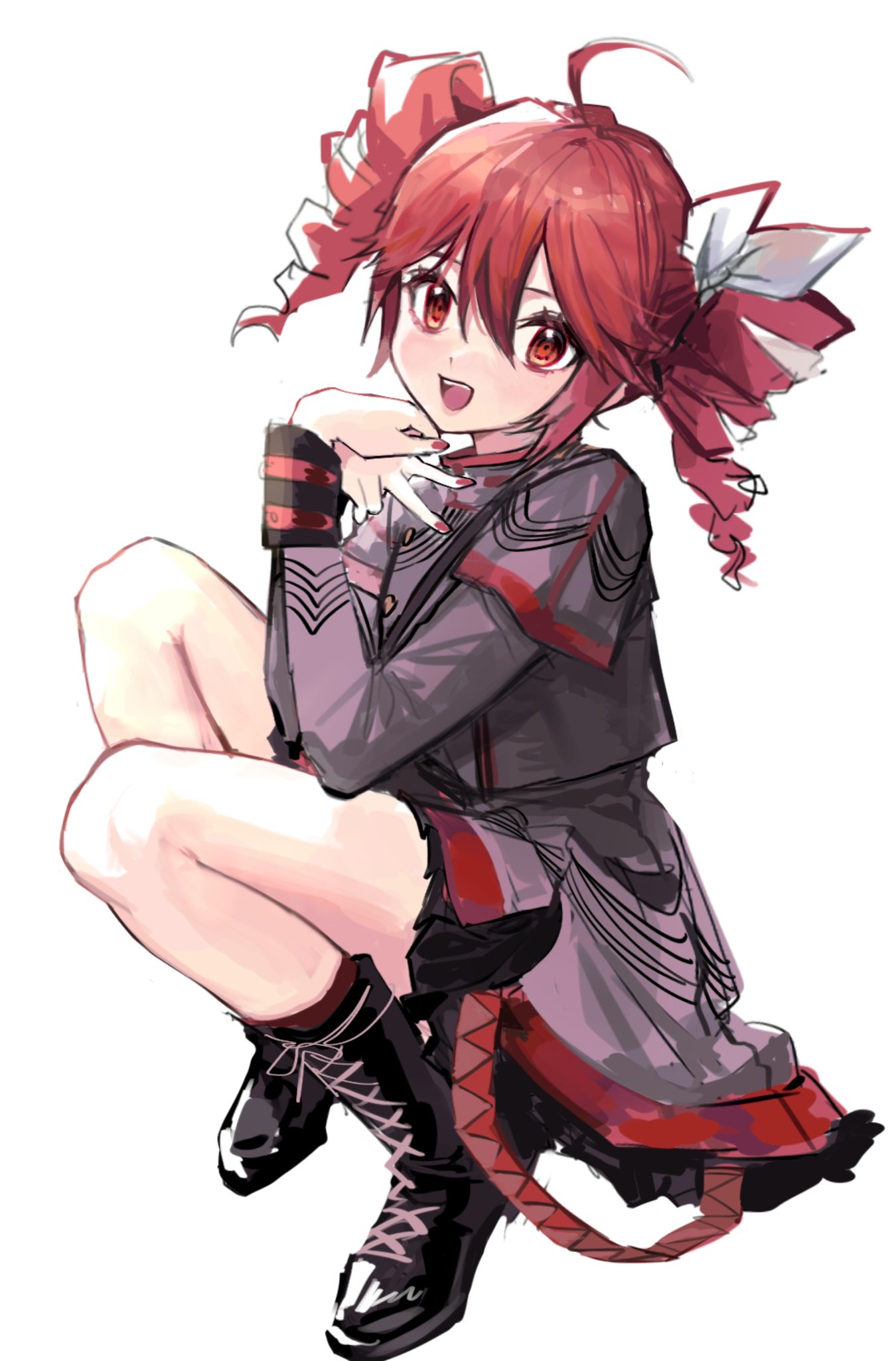 1girl, :d, ahoge, black_footwear, black_trim, boots, bow, buttons
