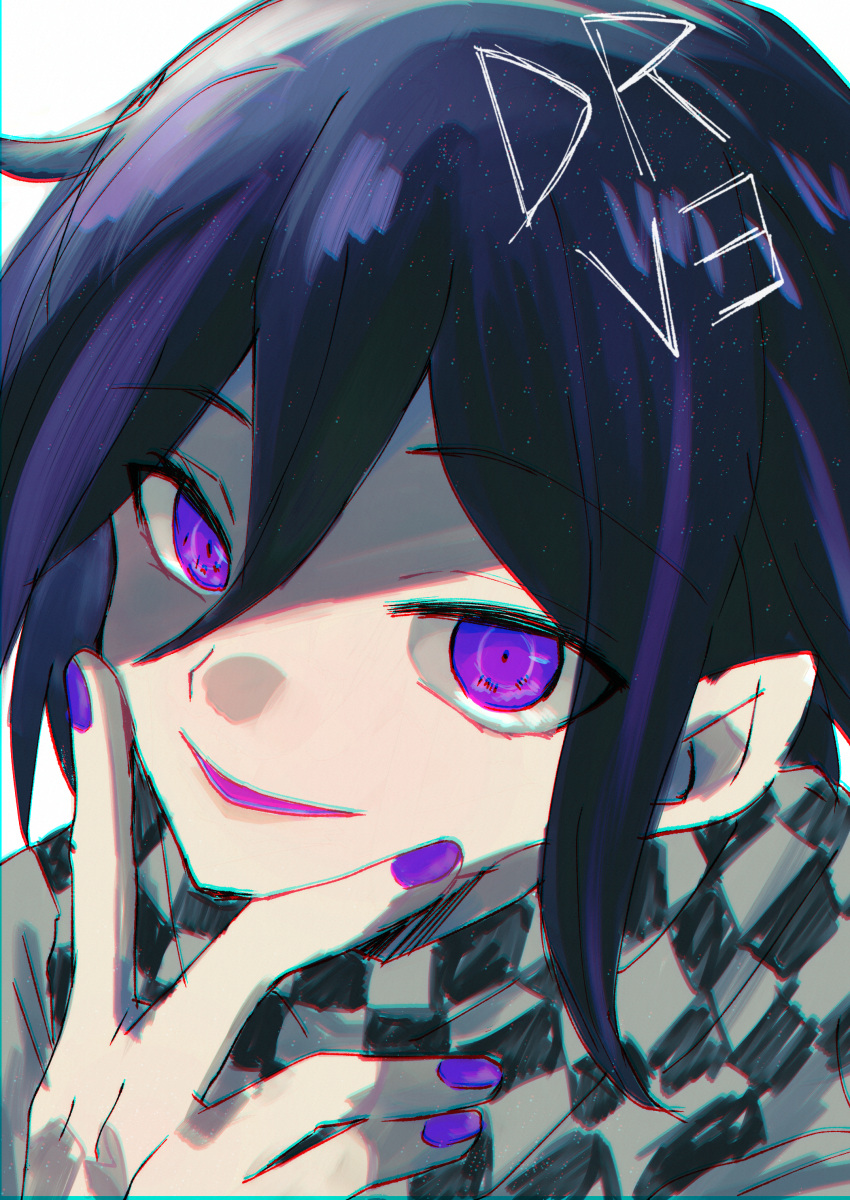 1boy, absurdres, bishounen, black_hair, checkered_clothes, checkered_scarf, chromatic_aberration, copyright_name