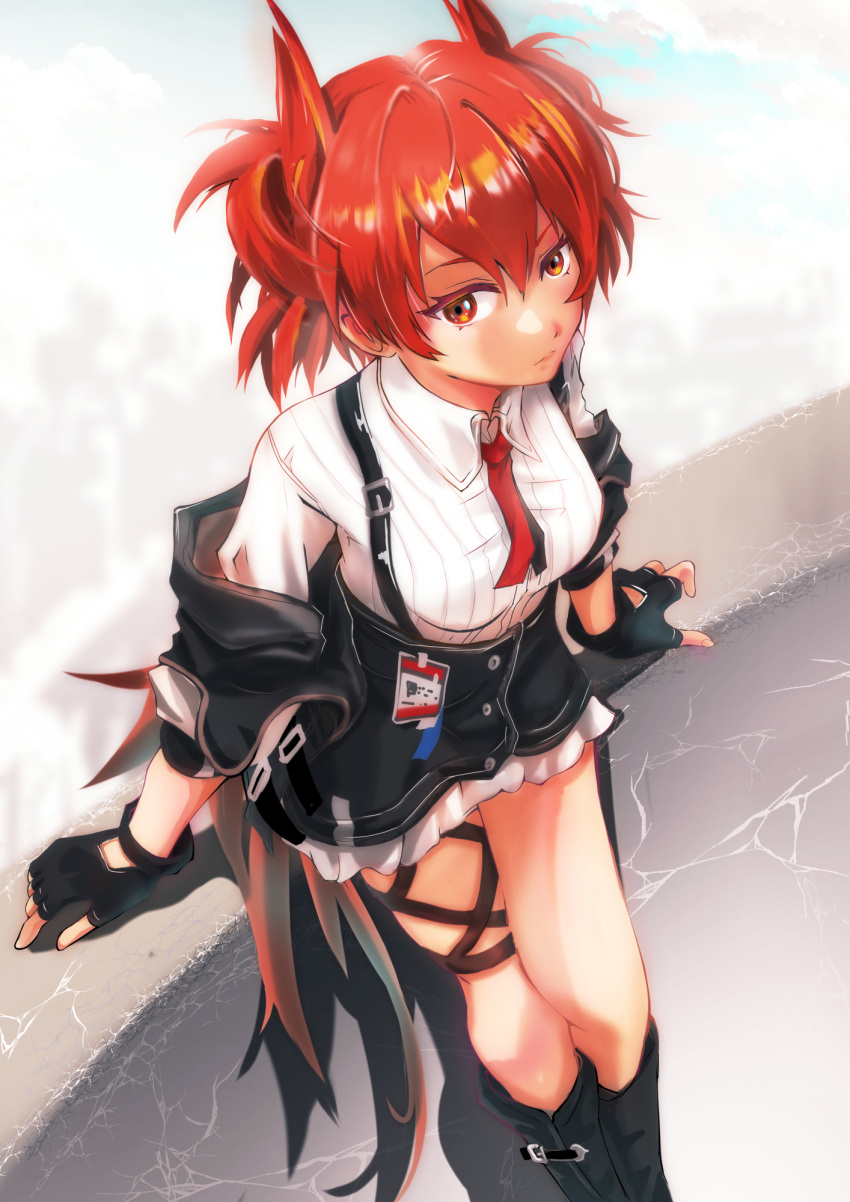 1girl, animal_ears, arknights, bird_ears, bird_girl, bird_tail, black_gloves, detached_wings, feather_hair, fiammetta_(arknights), fingerless_gloves, gloves, high-waist_skirt, highres, hiro_gxan5583, id_card, jacket, jacket_partially_removed, necktie, pointy_hair, red_necktie, redhead, skirt, solo, tail, thigh_strap, wings