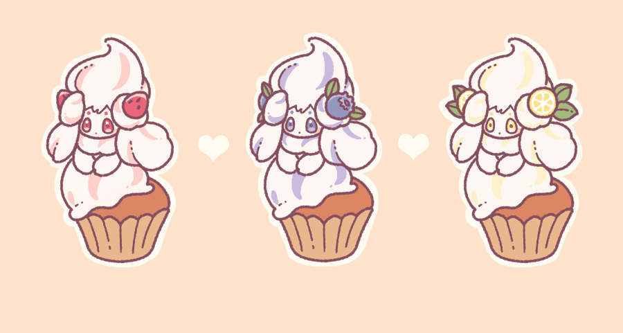 alcremie, alcremie_(berry_sweet), alcremie_(lemon_cream), alcremie_(strawberry_sweet), blue_eyes, blueberry, closed_mouth, cupcake