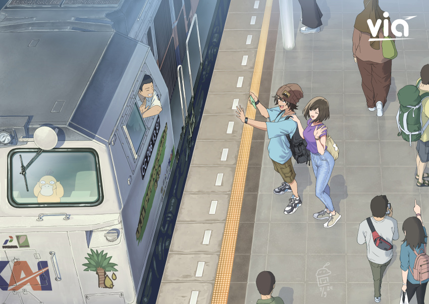 1other, 3girls, 4boys, absurdres, aldo_(yudhacakranidji), backpack, bag, black_footwear, black_hair, black_shorts, blue_pants, blue_shirt, brown_pants, brown_shirt, brown_shorts, cellphone, commentary, denim, electric_locomotive, english_commentary, ge_cm20_emp, green_shirt, highres, hijab, holding, holding_phone, indonesia, jeans, kereta_api_indonesia, locomotive, multiple_boys, multiple_girls, nayla_(yudhacakranidji), original, pants, phone, pillar, pointing, pokemon, psyduck, purple_shirt, shirt, shoes, shorts, smartphone, sneakers, standing, t-shirt, train, train_station, train_station_platform, waving, white_shirt, yellow_footwear, yudhacakranidji